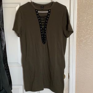 Olive Green Tshirt Dress with Lace Up Front